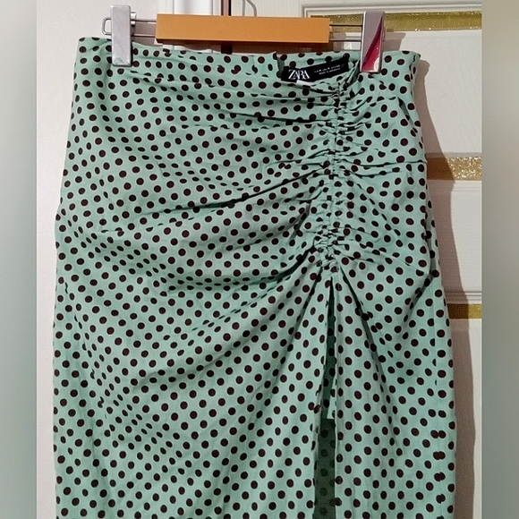 ZARA🐞Linen Ruched Mint Green Polka Dot Asymmetrical Maxi Pencil Skirt Sz:M - Picture 10 of 12